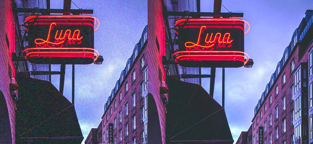 Denoising comparison: before and after AI processing